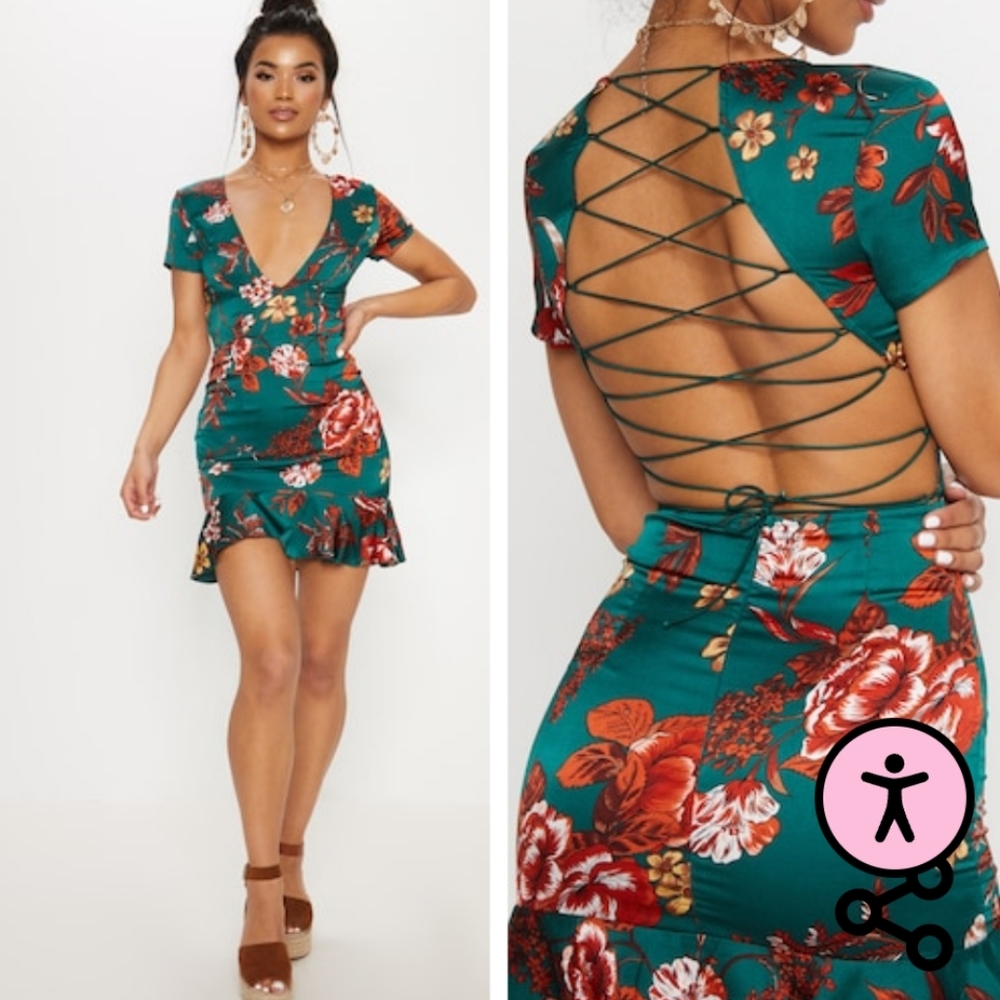 Emerald Green Criss Cross Back Frill Hem Shift Dress